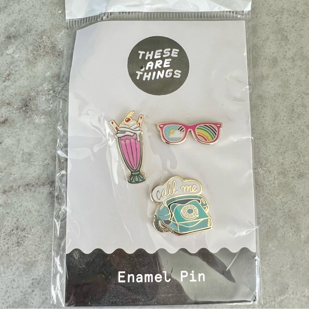 These Are Things Enamel Pin Set Rainbow Sunglasses Strawberry Milkshake Phone